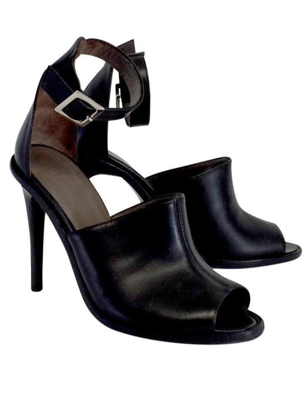 Tibi Black Peep-Toe Ankle-Strap Black Leather Stiletto Heels Buckle Size 38